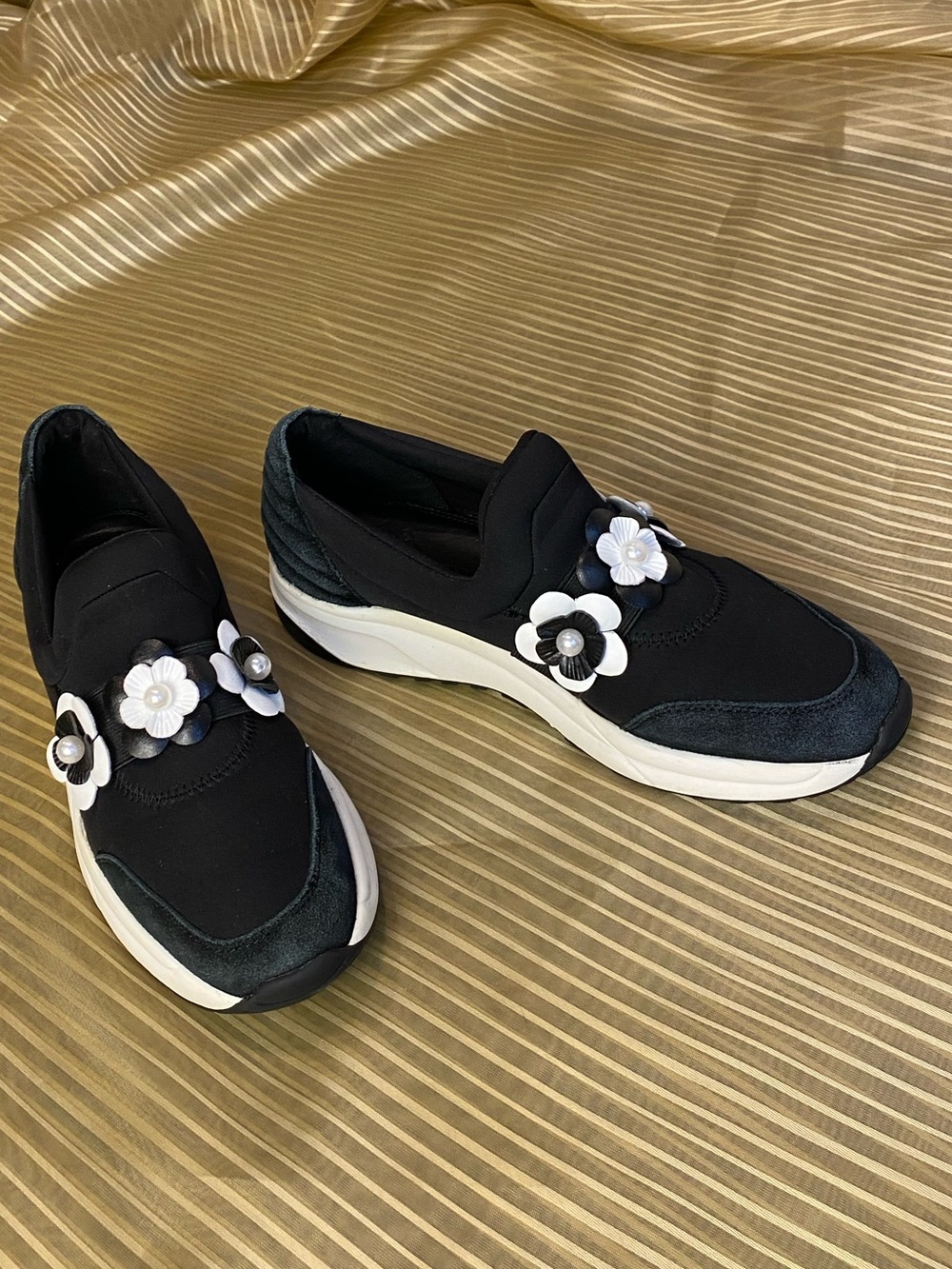 ANNE FONTAINE Black Suede Women's Shoes Sneakers with Floral Appliqués, 8.5